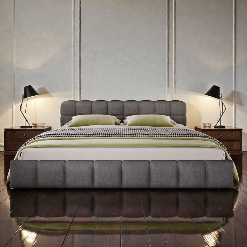 Chenille Upholstered Queen/King Bed with Checkerboard Headboard, Soft Fabric Platform Bed Frame, Modern Elegant Design - Grey - King