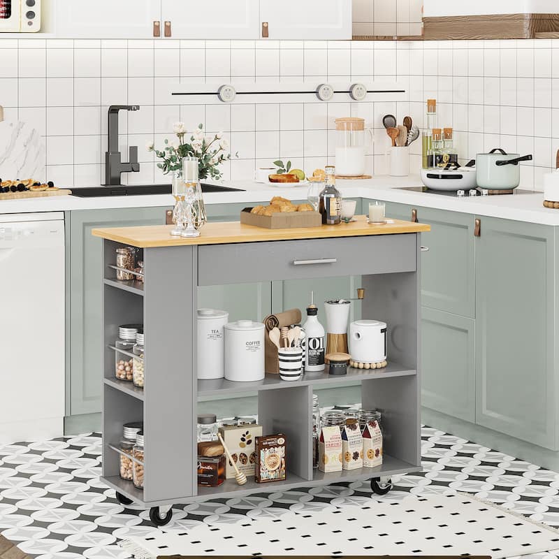 Kitchen Island with Towel Rack - Mobile Cart with Rubber Wood Top