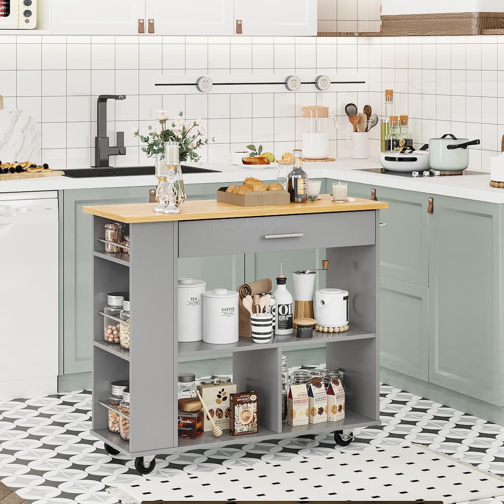 Kitchen Island with Towel Rack - Mobile Cart with Rubber Wood Top