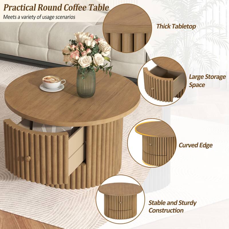 Round Coffee Table for Living Room in Natural, Farmhouse Coffee Table with a Drawer, Center Table with Vertical Slat Ba