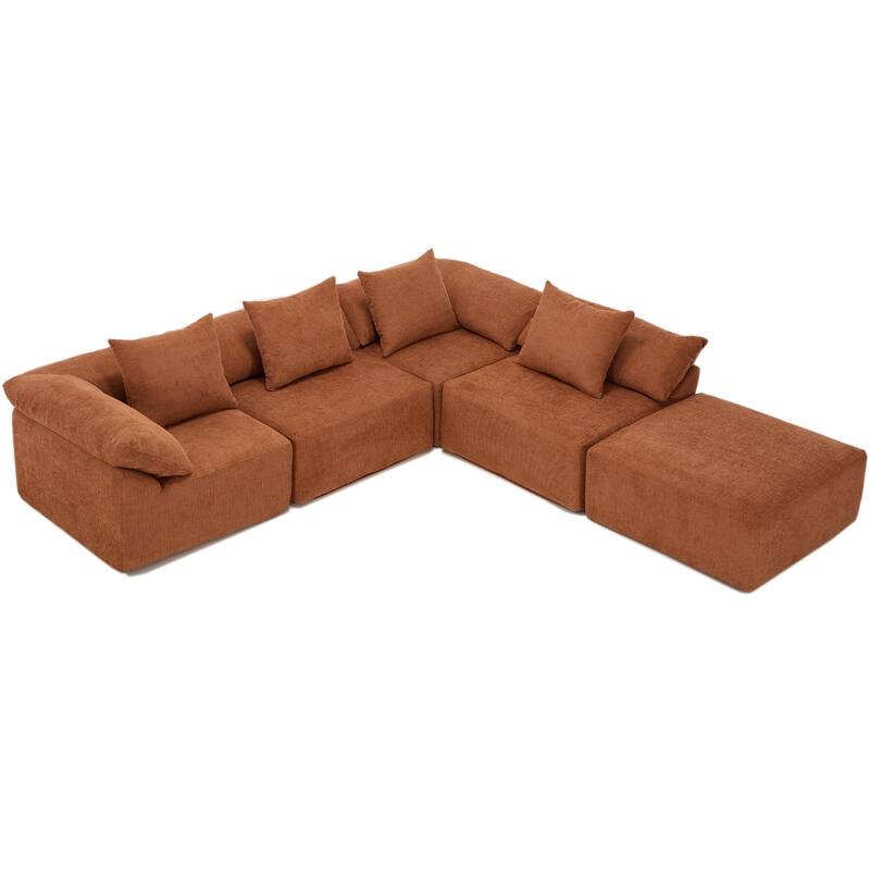 GDFStudio - Chenille L-Shaped Modular 5-Seater Sectional Sofa with Ottoman