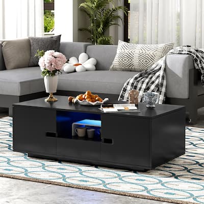 Modern High-Gloss Coffee Table End Table with Storage Drawer, Center Table Office Table with 16 Color LED Lights