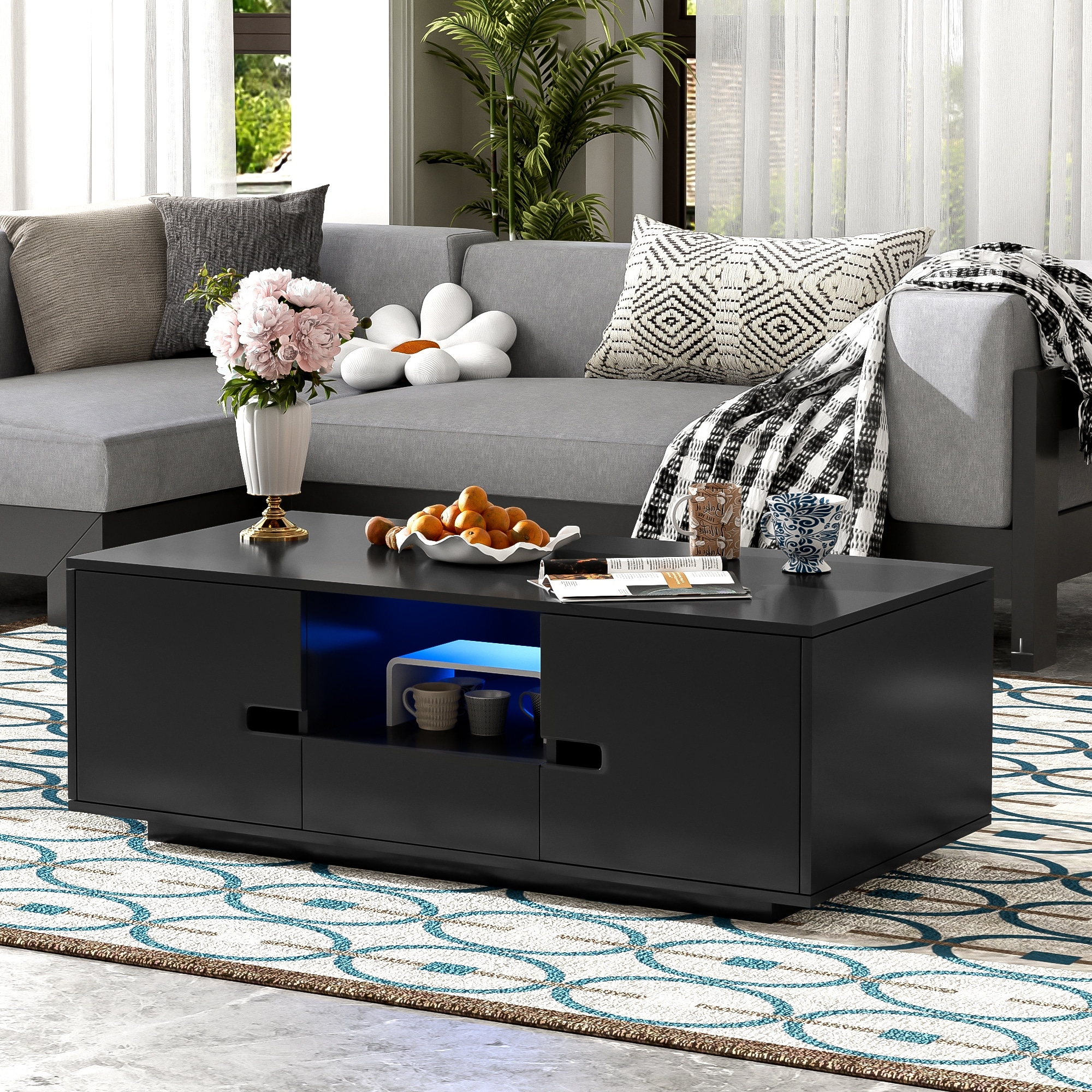 U-Can Modern High Glossy Rectangle Coffee Table With LED Lights