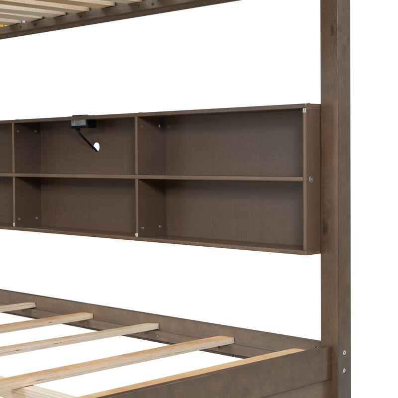 Wood Queen Bunk Bed with Storage Cabinets and USB Ports