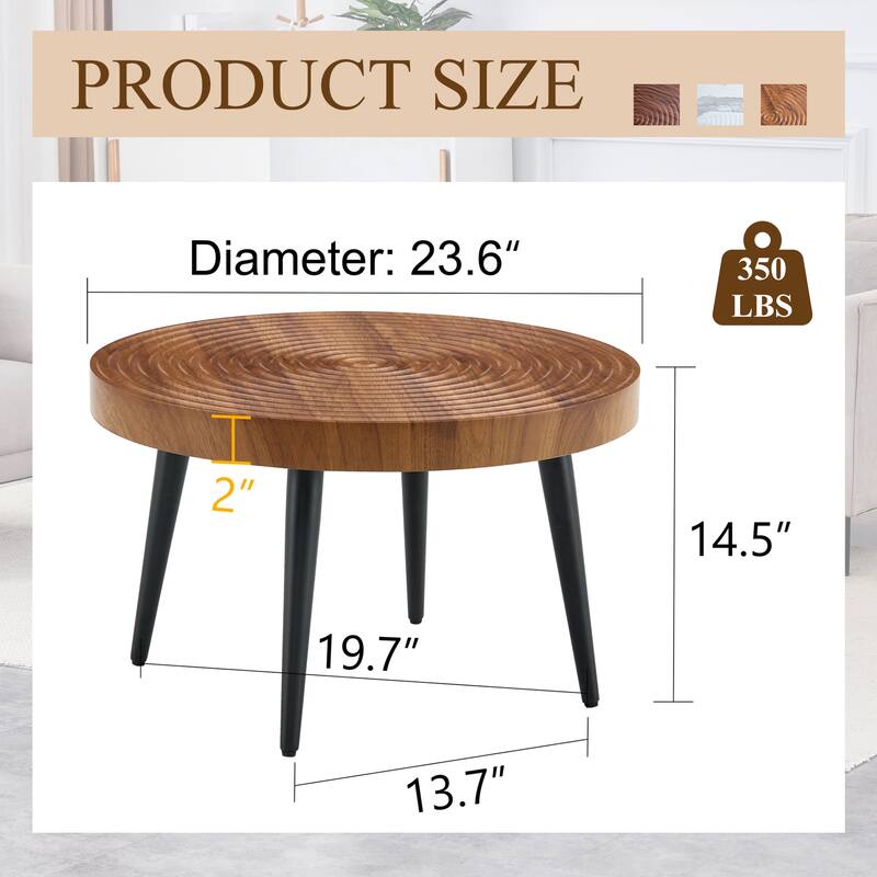 Modern Round Coffee Table - Exquisite Suction Molding Process,Natural Wood Grain Texture,Black Sprayed Metal Leg.