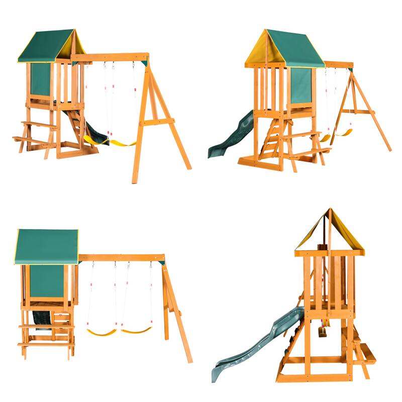 Outdoor 3 in 1 Wood Swing Set with Slide, 2 Swings and Climber