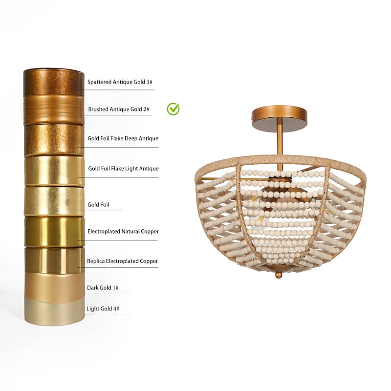 Coastal Boho Beaded 3-Light Chandelier Gold Semi-flush Mount Ceiling Light for Foyer Entry - Dia. 14" x H 13.7"