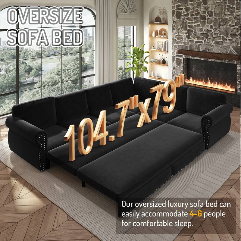 L-Shaped Sectional Sofa with Pull-Out Bed, Oversize Convertible Sleeper Sofa with Rolled Arms, Chenille Upholstery