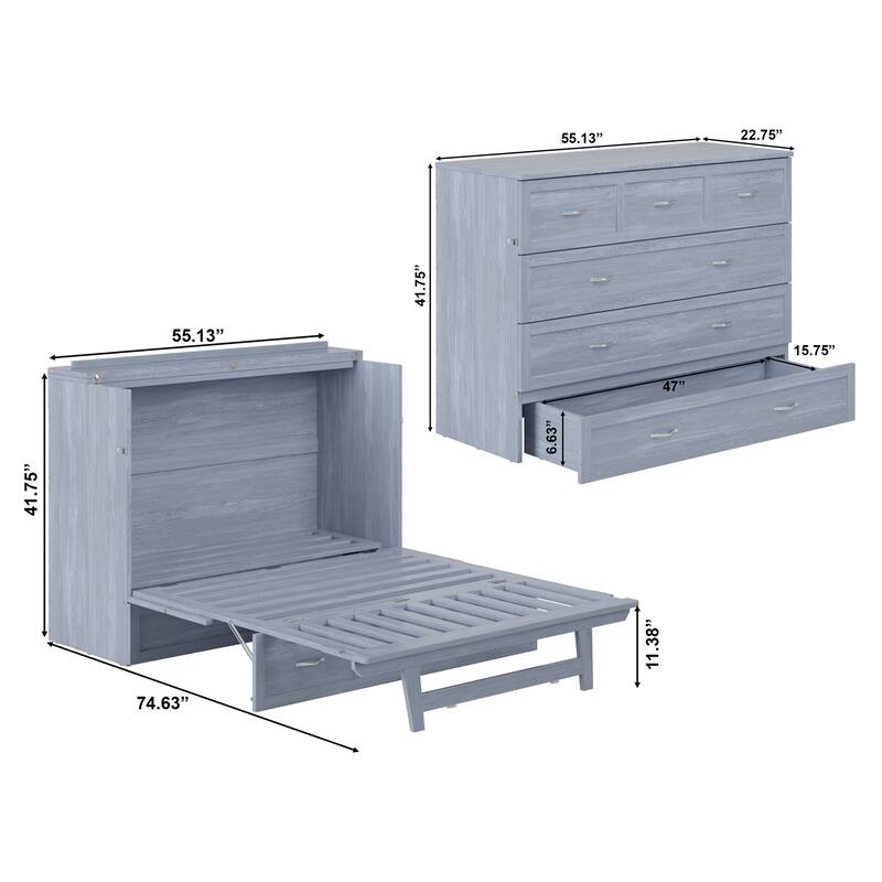 Northfield Full Murphy Bed Chest with 6" Mattress, Storage Drawer & Built-In Charger in Driftwood