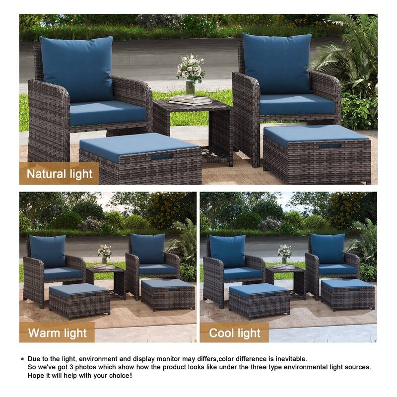 5 Pieces Patio Chair Ottoman Conversation Set with Cushions Table