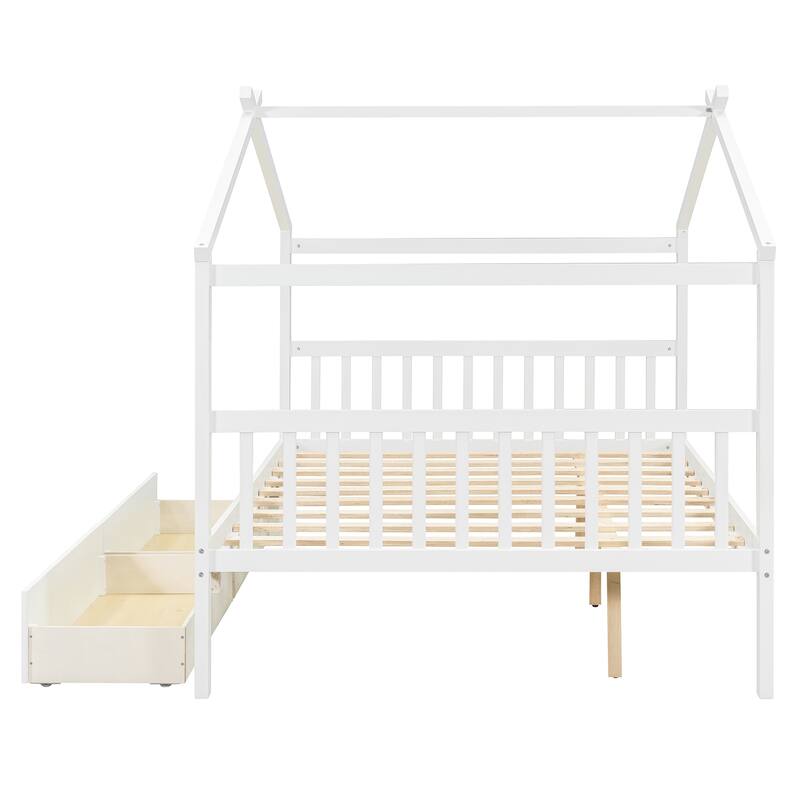 Full Size Wooden House Bed with Drawers, White - Spacious Storage, Solid Pinewood Construction, Headboard Included