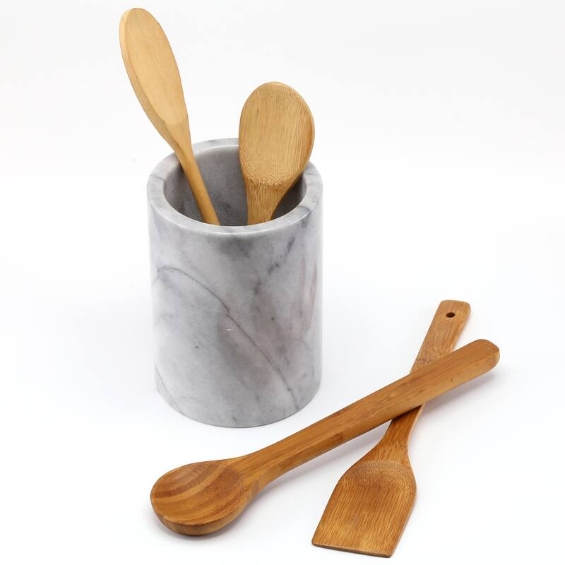 Creative Home Natural Off-White Marble Multi-Functional Tool Crock, Utensil Holder, Counter Top Organizer, 5" Diam. x 7" H