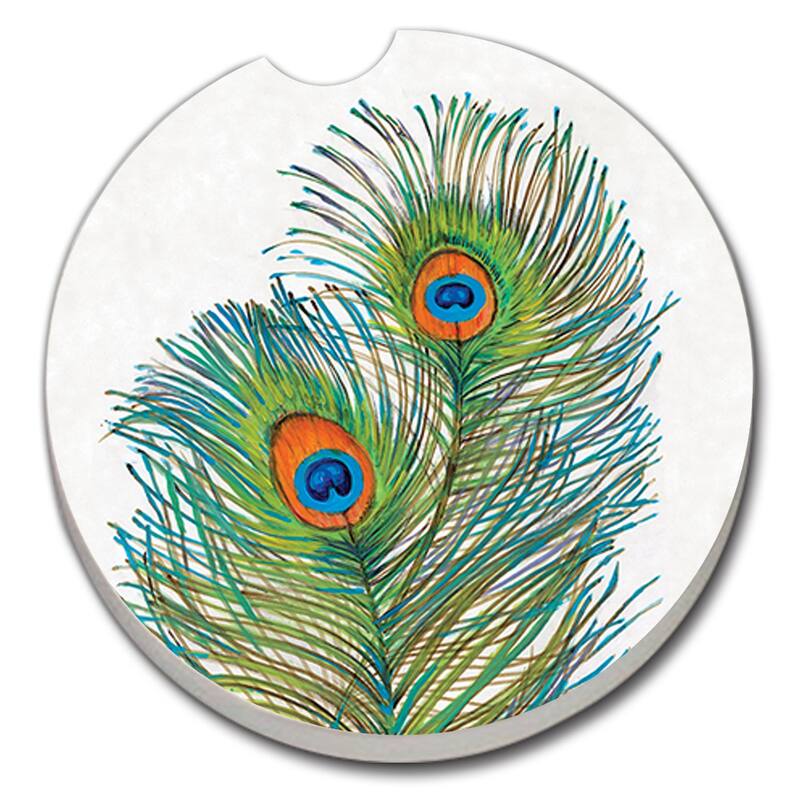 Counterart Absorbent Stoneware Car Coaster, Vivid Peacock Feathers, Set of 2 - 2.5