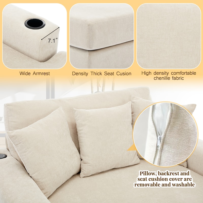 Oversized Chaise Lounger Modern Sofa Couch with Pillows, Charge Station & Cup Holders