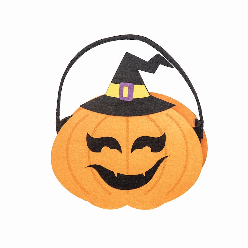 Smiling Pumpkin Jack O' Lantern w/ Witch Hat Felt Halloween Treat-Or-Trick Costume Candy Basket Tote Bucket