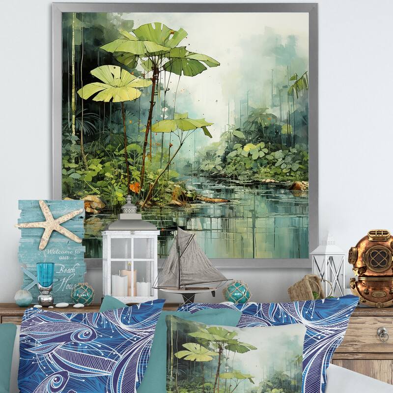 Designart "Tropical Jungle River II" Coastal Tropical Wall Decor Green Coastal Bedroom Framed Canvas Wall Art - 36 in. wide x 36 in. high - Silver