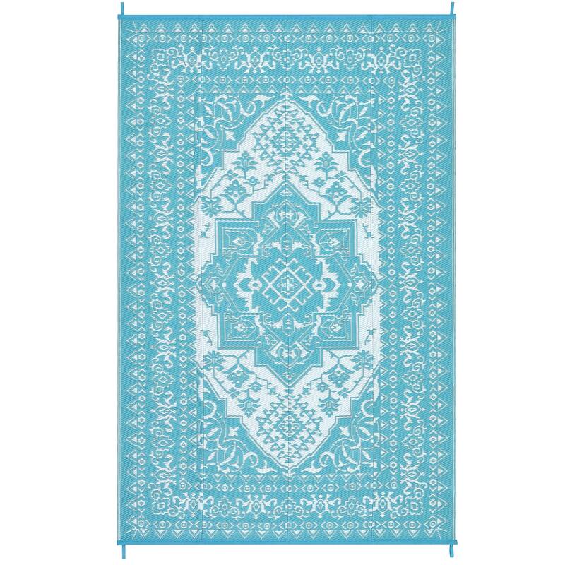 Outdoor Patio Rug Waterproof Reversible Carpet Vintage Boho Medallion Rug Plastic Straw Rug