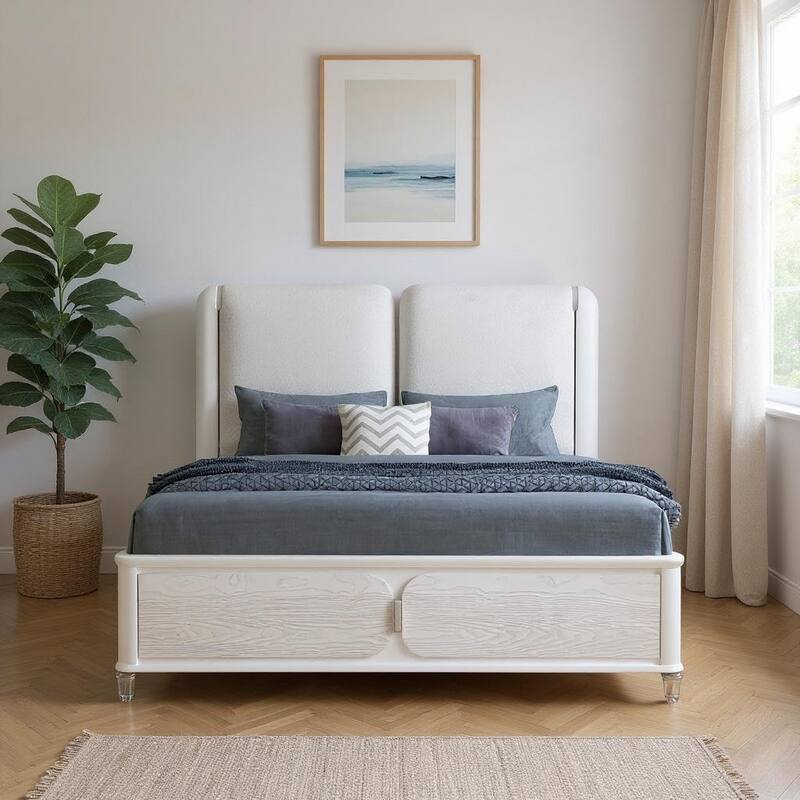 HomeRoots Gray and White Wood And Upholstery Lighted King Bed Frame - King