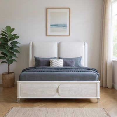 HomeRoots Gray and White Wood And Upholstery Lighted King Bed Frame