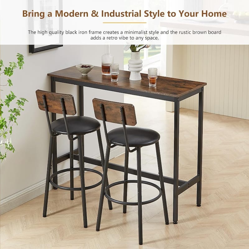 3 Pieces Bar Table and 2 Chairs Set, Industrial Style Bar Stools PU Upholstery Seat with Backrest