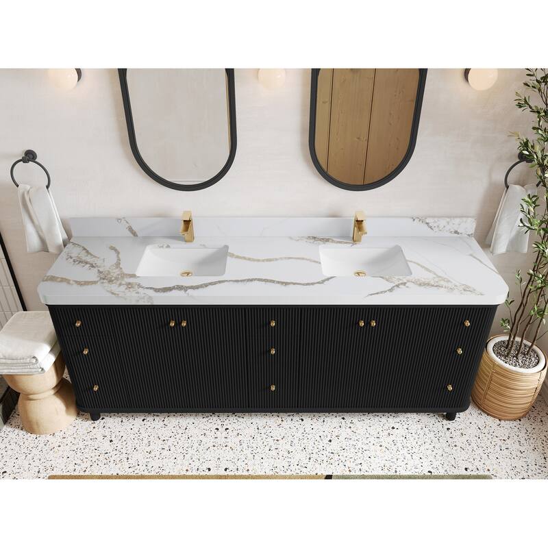 Willow Collections 84 in. W x 22 in. D Reeded Miami Double Bowl Sink Bathroom Vanity with Countertop - 2”Calacatta Gold - Black