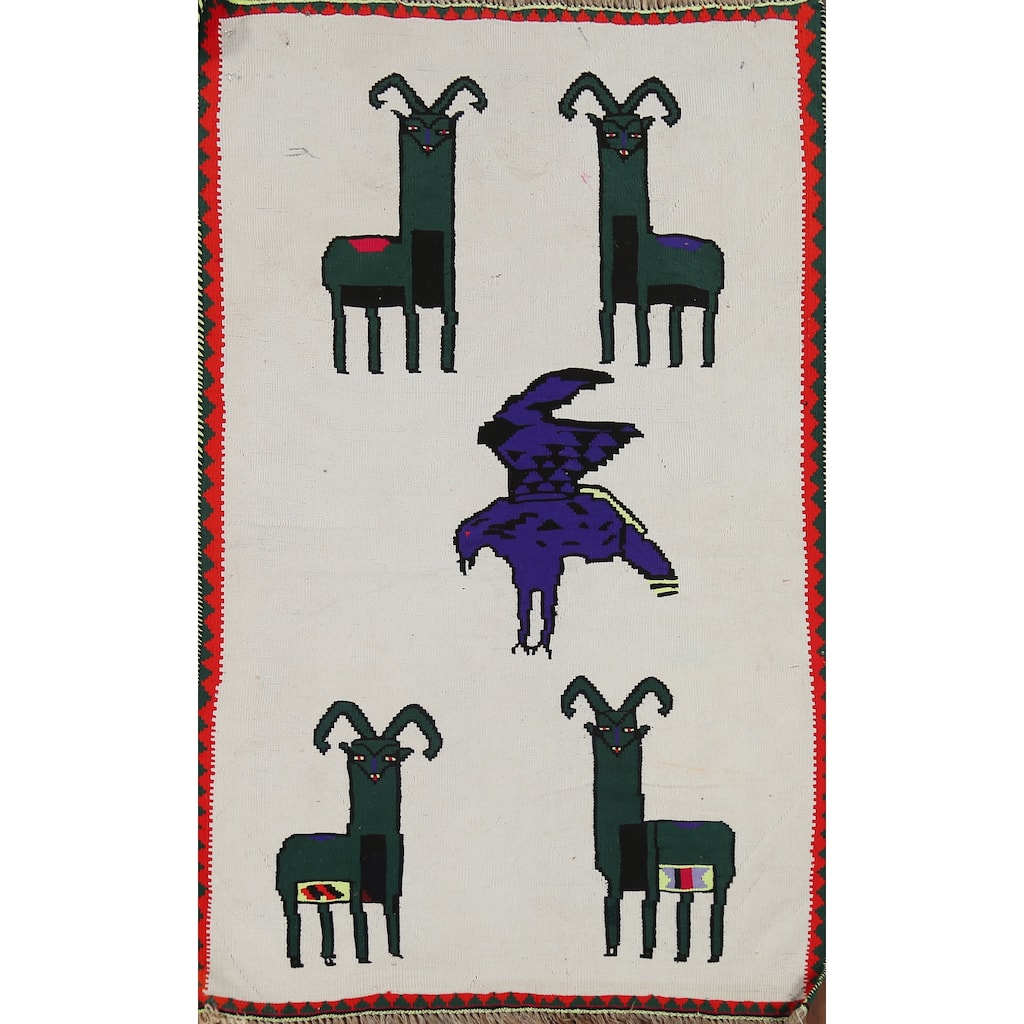 Animals Tribal Kilim Persian Vintage Foyer Rug Hand-Woven Wool Carpet - 2'10"x 4'3"