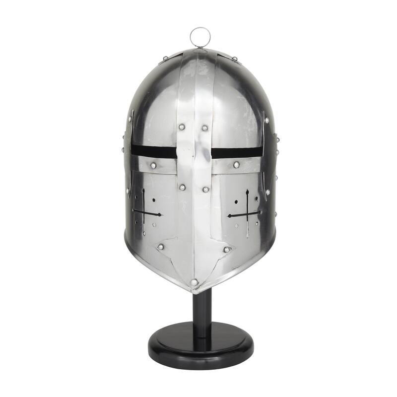 Metal Replica Medieval Knight Crusader Helmet with Black Wood Stand - Silver - Roche River Decor