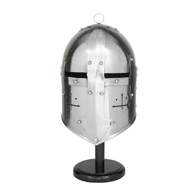 Metal Replica Medieval Knight Crusader Helmet with Black Wood Stand - Silver - Roche River Decor