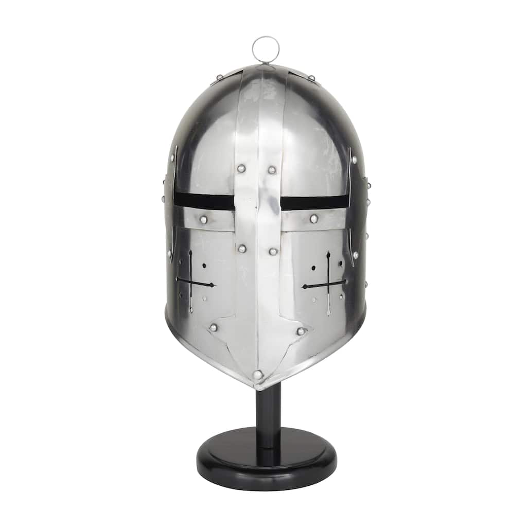 Metal Replica Medieval Knight Crusader Helmet with Black Wood Stand - Silver - Roche River Decor
