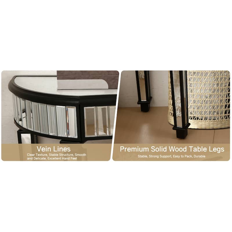 47 inch Half Moon Mirrored Console Table Fluted Glass Crystal Knob Drawer Silver Gold