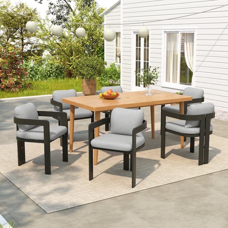 Christopher Knight Home- Alaric Acacia And Aluminum Outdoor 7 Piece Dining Set - Black+Grey+Teak Finished