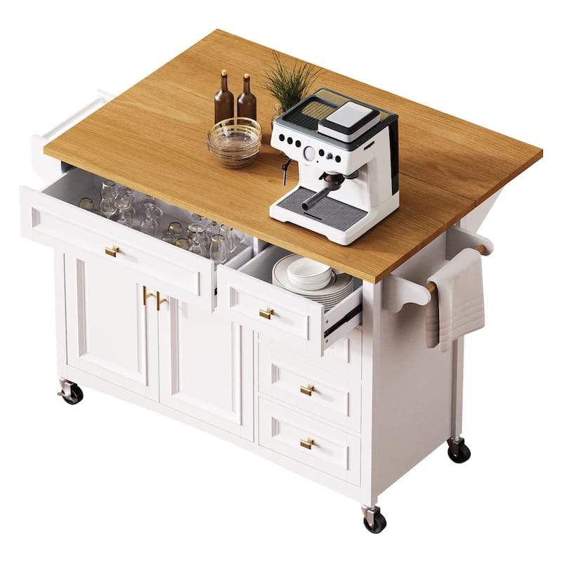 52" Rolling Kitchen Island Cart, Embossed Texture Kitchen Island on Wheels, Kitchen Storage Cart with Drop Leaf
