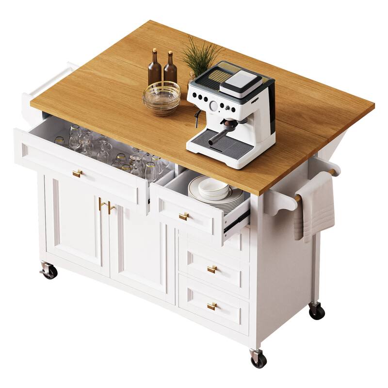 Kitchen Island on Wheels with Spice Rack, Towel Rack, 2 Doors and 5 Drawers, Kitchen Storage Cart with Adjustable Shelf