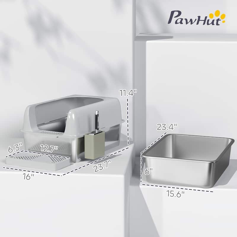 PawHut Stainless Steel Litter Box, Easy Clean Metal Litter Box with High Sided for Anti-Urine Leakage, Light Gray