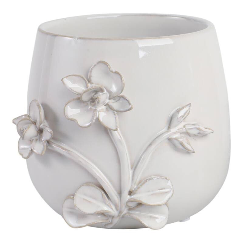 Decorative Ceramic Flower Planter with Flower Applique - Ivory