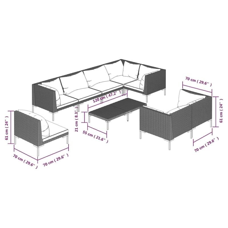 vidaXL Patio Lounge Set Outdoor Sectional Corner Sofa Poly Rattan Dark Grey - 27.6" x 27.6" x 24"