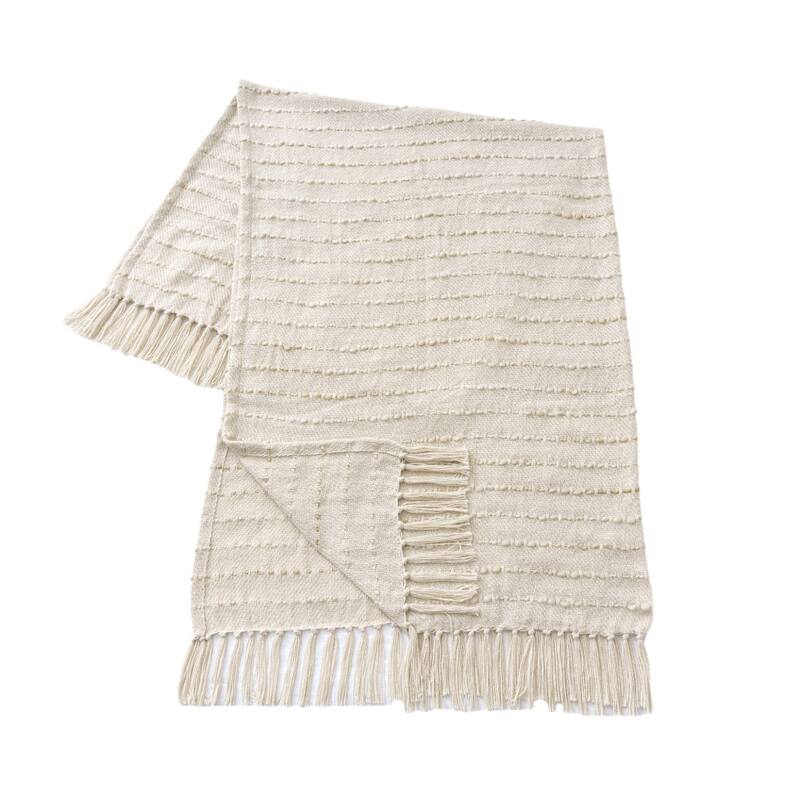 HomeRoots 50" X 60" White and Beige Cotton Blend Woven Striped Throw Blanket with Fringe