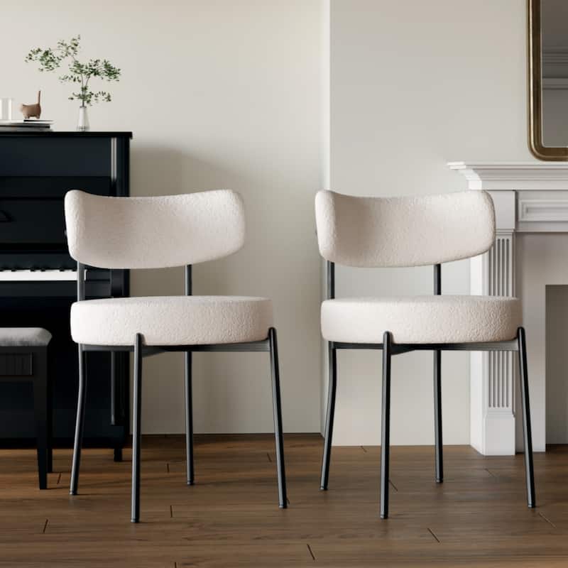 White Dining Chairs Set of 4, Mid-Century Modern Dining Chairs with Black Metal Legs - White Teddy
