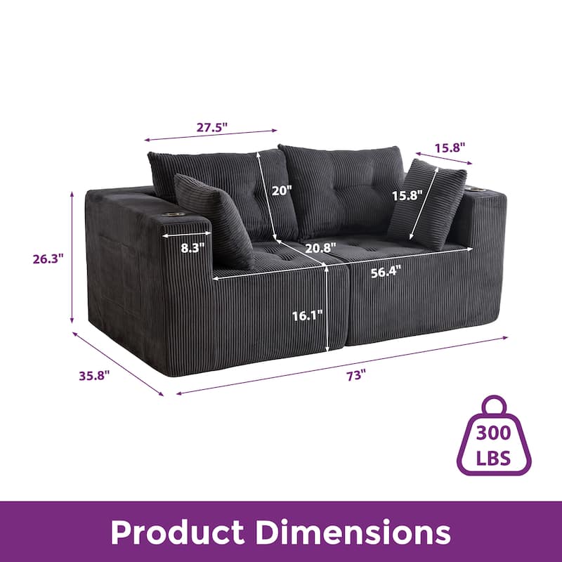 Modular Sectional Corduroy Sofa Couch Loveseat Boneless Cloud Couch - 35.8"D x 73"W x 26.3"H