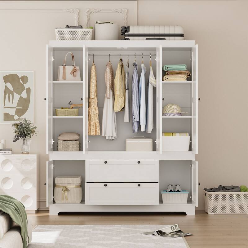 Meyreso White Modular Wardrobe Closet with Drawers, Convertible Stacking Armoire - N/A