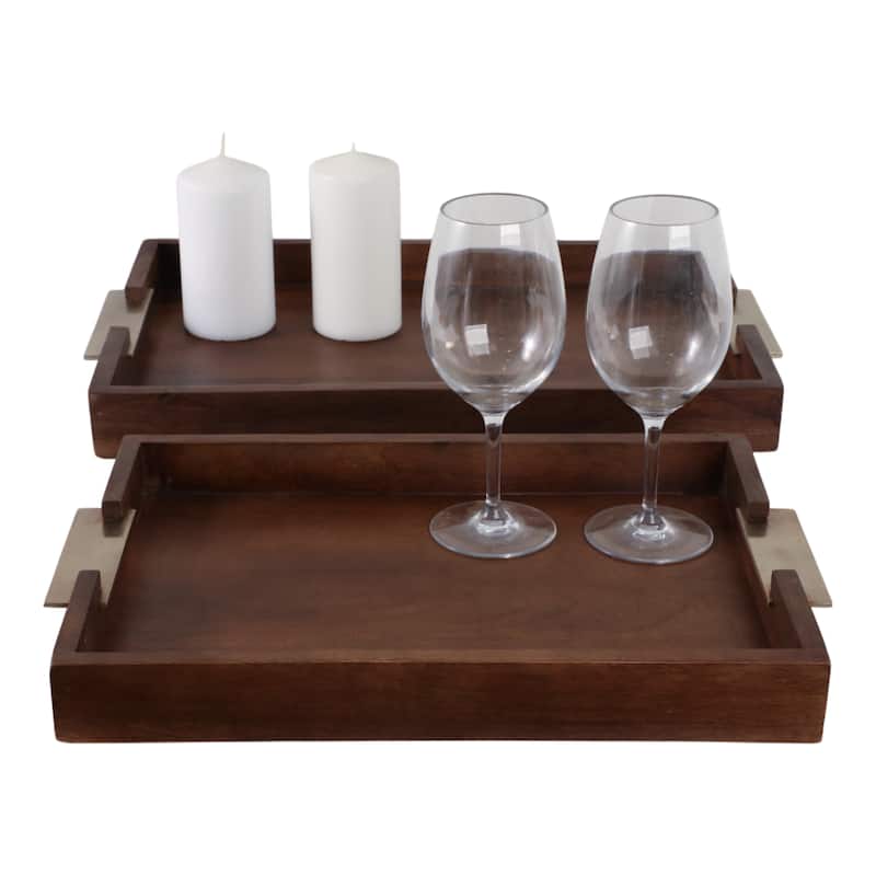 Wood Aluminum Serving Trays with Brass Handles (Set of 2) - 2" Brown - 21.5" x 14" x 2.25"