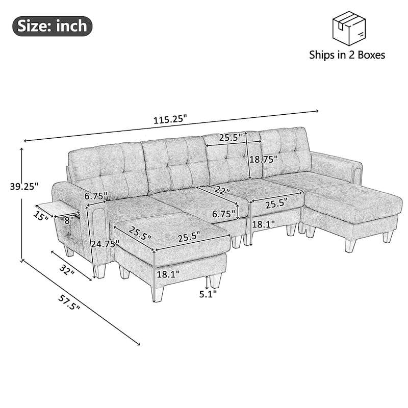 115" U-Shaped Sectional Couch, 6 Seat Upholstered Deep Seat Sofa with Movable Ottomans, USB Ports and Side Tables