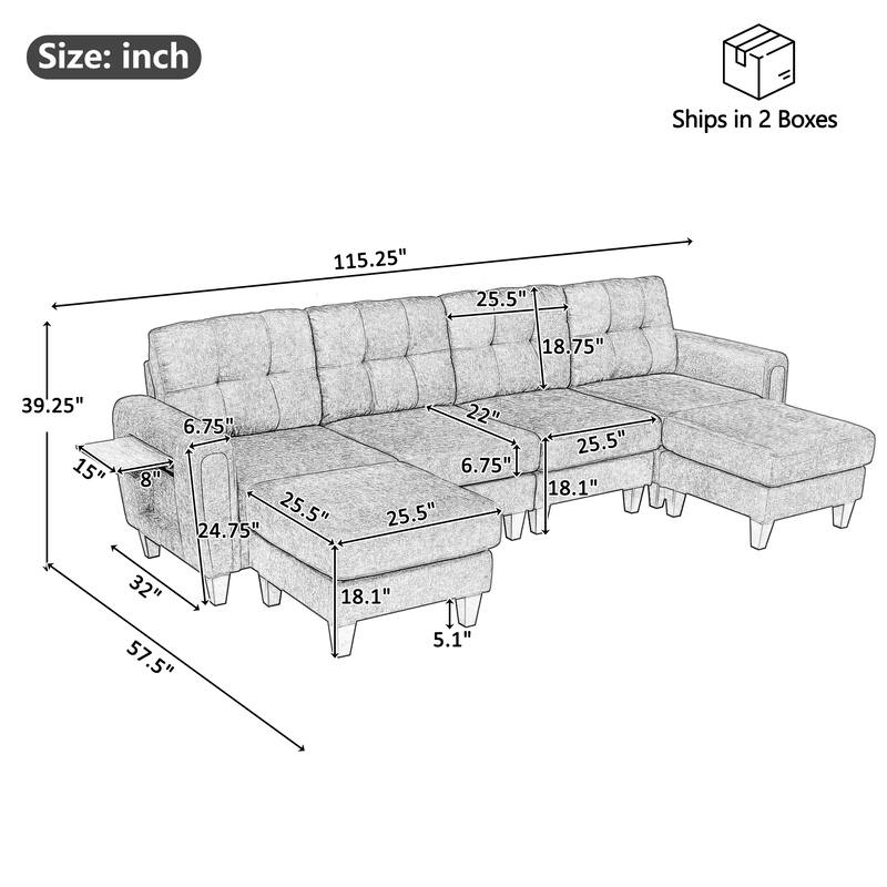 Roomfitters 115 Inch U-Shaped Sectional Sofa with 2 Ottomans and Foldable Side Tables, Chenille