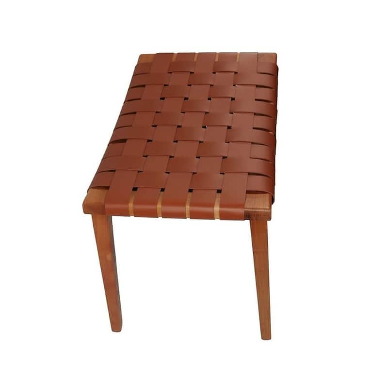 Aria Home Rene Cognac Leather and Wood Stool – Modern Ottoman Foot Rest Seat