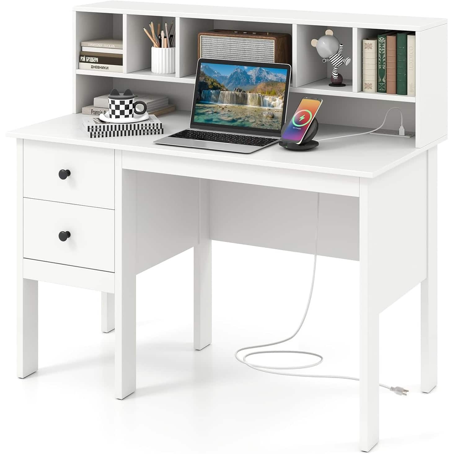 Modern White Desk with Drawers, Hutch, and Charging Station for Home Office or Study