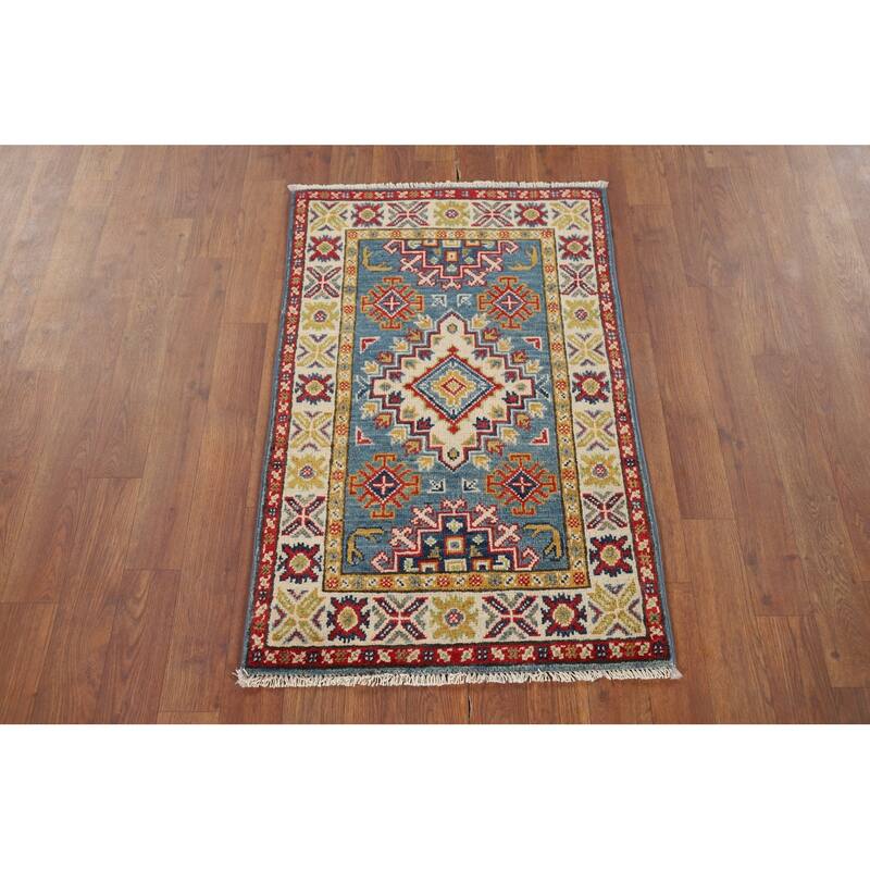 Hand Knotted Oriental 100% Wool Carpet Traditional Geometric Navy Blue & Blues Kazak Area Rug - 3' 0'' X 2' 0''