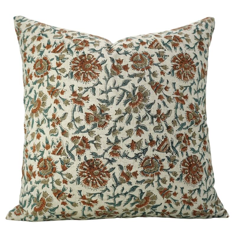 Fabdivine Handmade Dark Blue Block Print Cushion Cover Floral Linen for Living Room Sofa Chair Hotel, Home Decoration, Gopi - Pushaplata- Brown, Grey - 24" x 24" - Pillow Covers