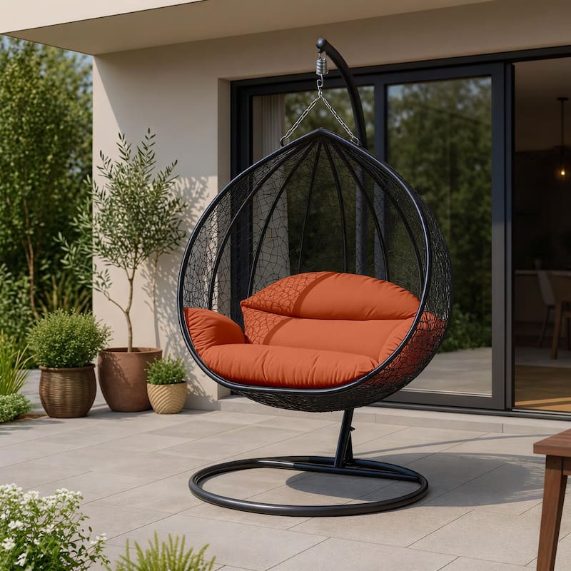 2-Person Outdoor Hanging Egg Chair with Teardrop Frame, Weather-Resistant Cotton Cushioned Seat for Patio and Indoor Use