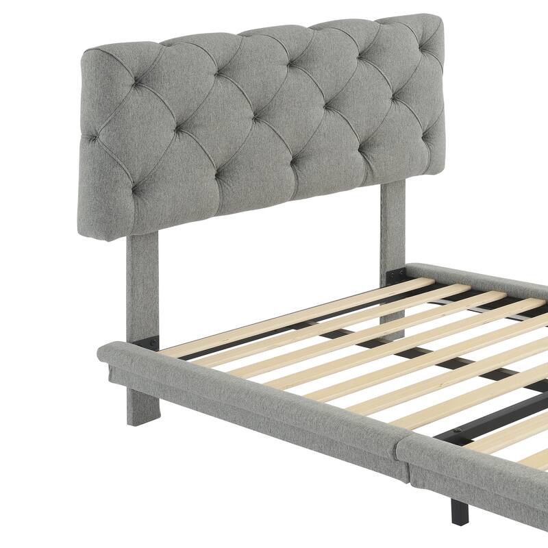 Roomfitters Twin Size Upholstered Bed with Light Stripe, Floating Platform Bed, Linen Fabric