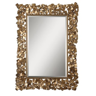4.5' Antique Gold and Gray Glaze Metal Framed Beveled Rectangular Wall Mirror